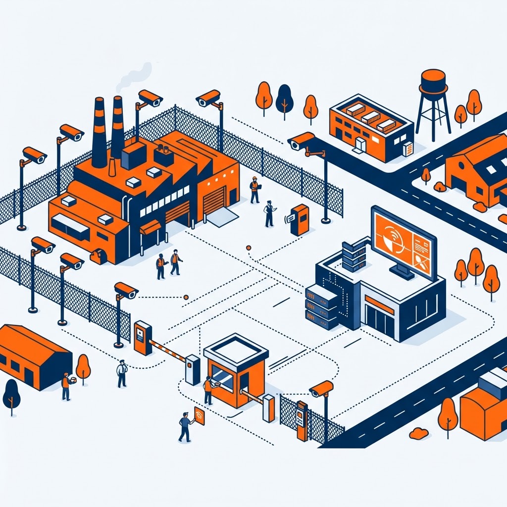 Northern Illinois manufacturing and security scene showing a stylized industrial park with a manufacturing plant, perimeter IP security cameras, access-control gates, and network infrastructure connected to a security operations monitoring hub
