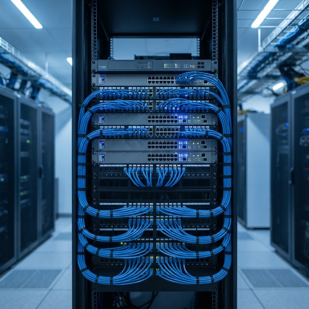 Enterprise UniFi network rack deployed and managed by Nexus Communications Technology