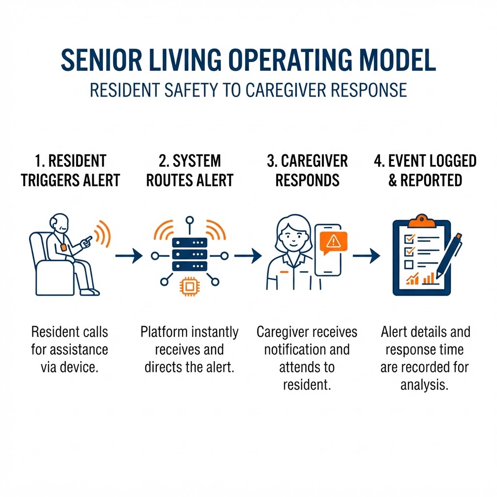 Resident-safety-to-caregiver-response operating model shown as a left-to-right flow — a resident triggers an alert, the system routes it, a caregiver receives and responds, and the event is logged and reported — with simple line icons for each stage