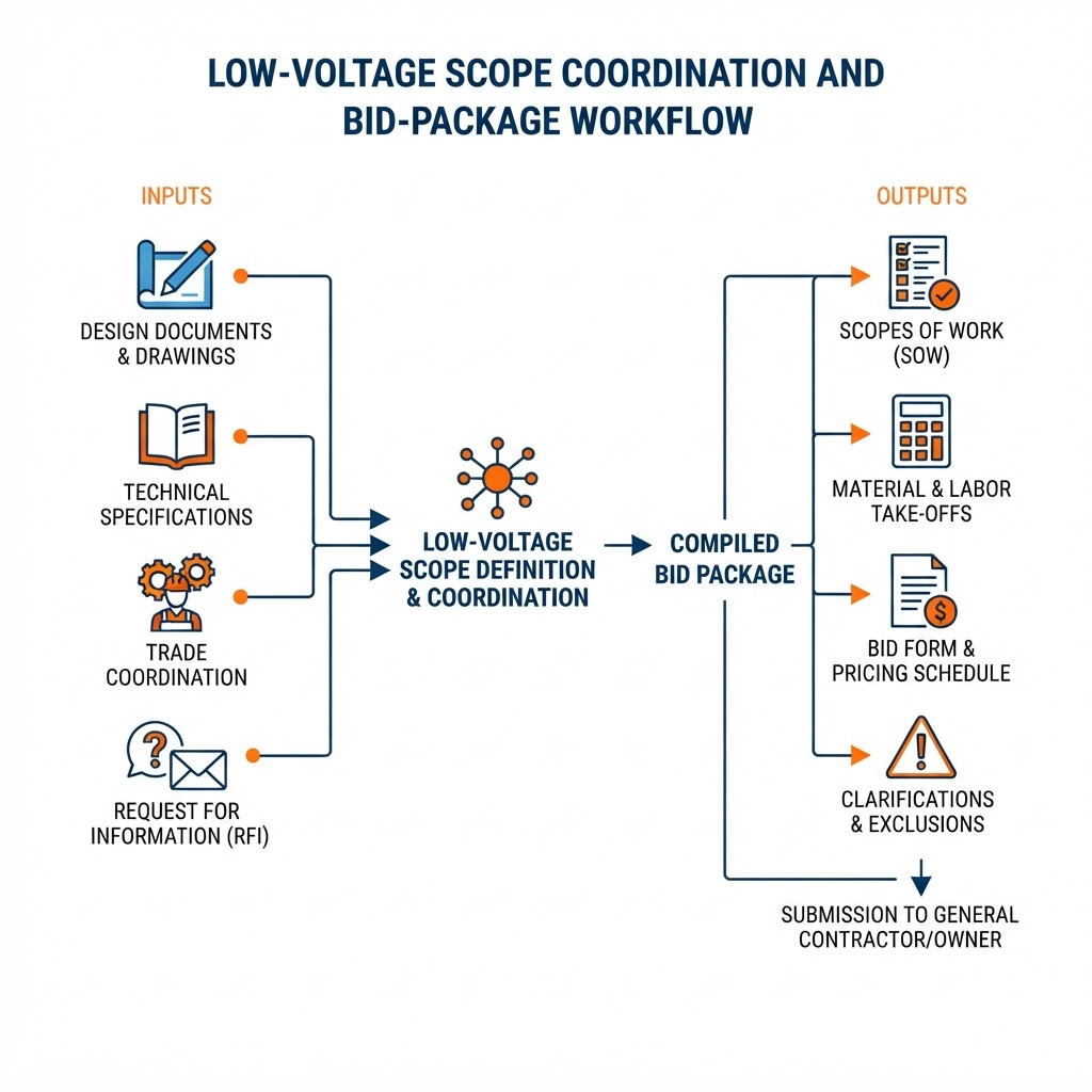 Low-voltage scope coordination and bid-package workflow showing a central low-voltage scope node connected to coordination inputs — drawings, specifications, trade coordination, and RFIs — flowing into a compiled bid package ready for submission