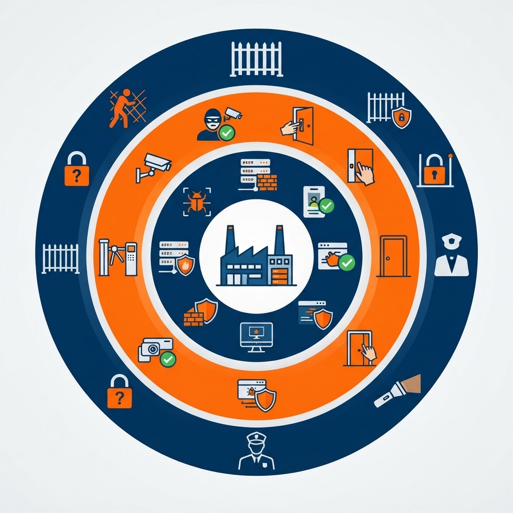 Layered security risk-remediation diagram showing concentric defense-in-depth layers around a manufacturing facility core — an outer perimeter of fencing and gates, a middle layer of surveillance cameras and access control, and an inner layer of network segmentation and monitoring