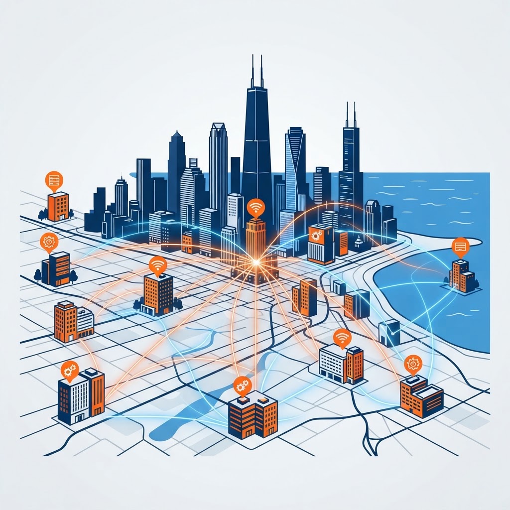 Chicago commercial technology service-area illustration showing a stylized Chicago skyline along the lakefront with glowing network connection lines linking several commercial buildings under managed technology service