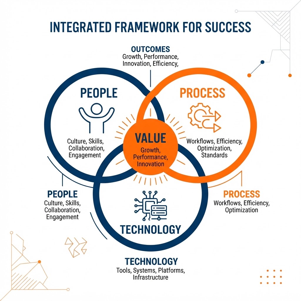 People, process, and technology value graphic showing three interlocking elements — people, process, and technology — meeting at a shared center that represents the outcomes and value Nexus delivers