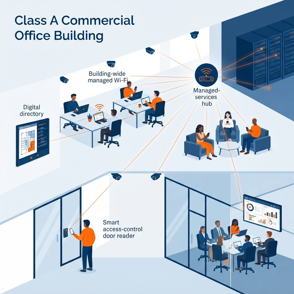 Smart-office tenant experience scene showing a modern Class A office interior with tenants on managed Wi-Fi, a digital lobby directory, IP security cameras, a smart access-control door reader, and a conference room AV display connected to a central managed-services hub