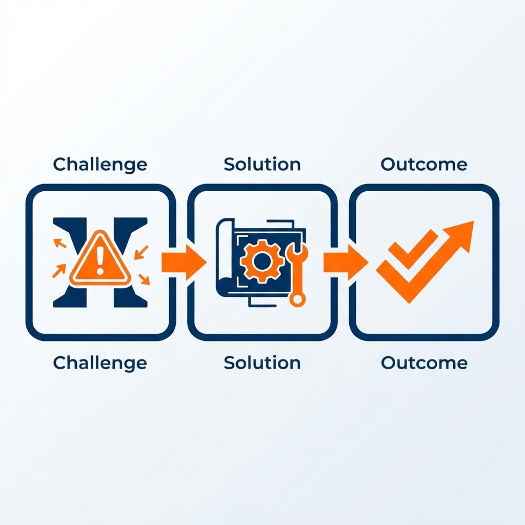 Nexus case study methodology graphic showing three connected stages flowing left to right — challenge, solution, and outcome — representing a repeatable structured approach to every engagement