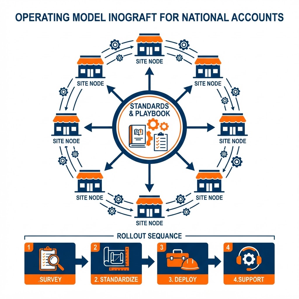 Multi-site standards-and-rollout operating model showing a central standards-and-playbook hub connected to multiple identical site nodes for consistent deployment across locations, with a survey, standardize, deploy, and support rollout sequence band beneath
