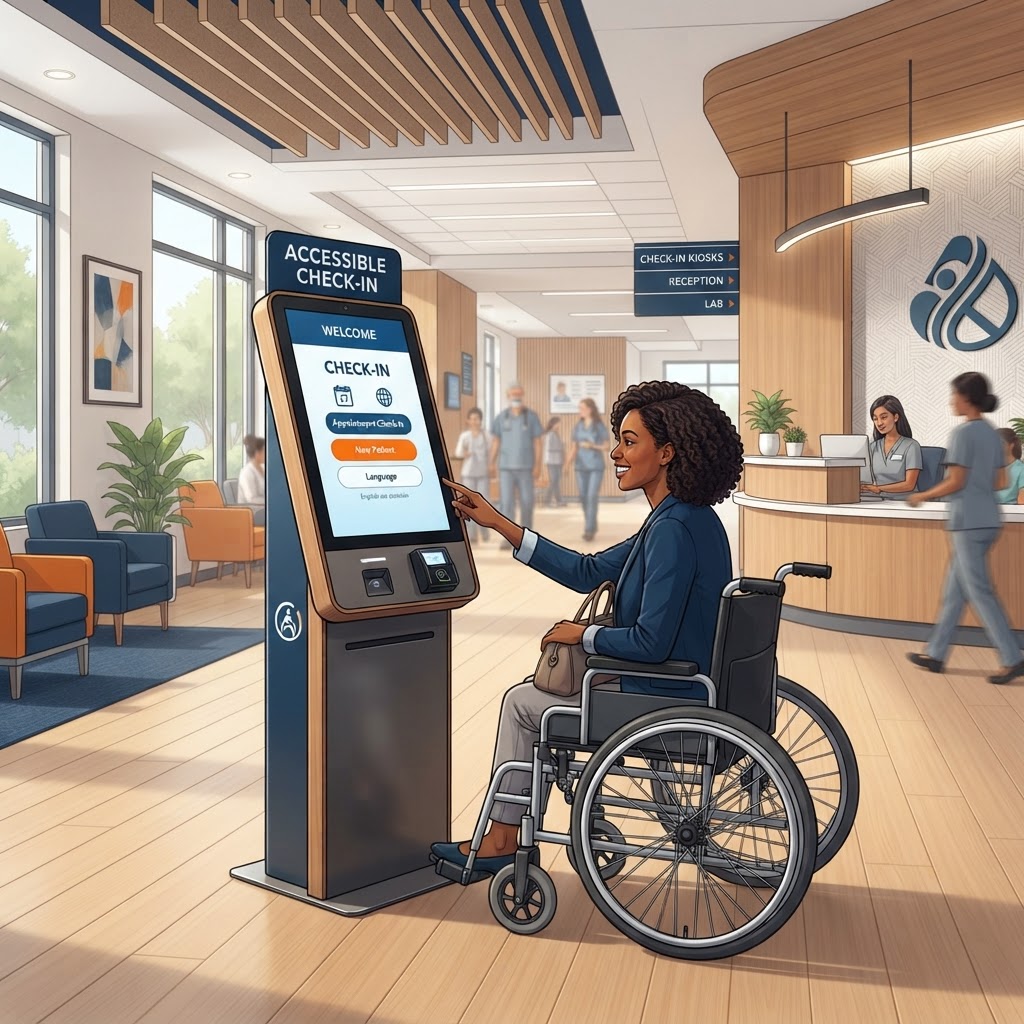 Accessible self-service check-in kiosk in a modern healthcare lobby with an ADA-height touchscreen and a wheelchair user checking in independently