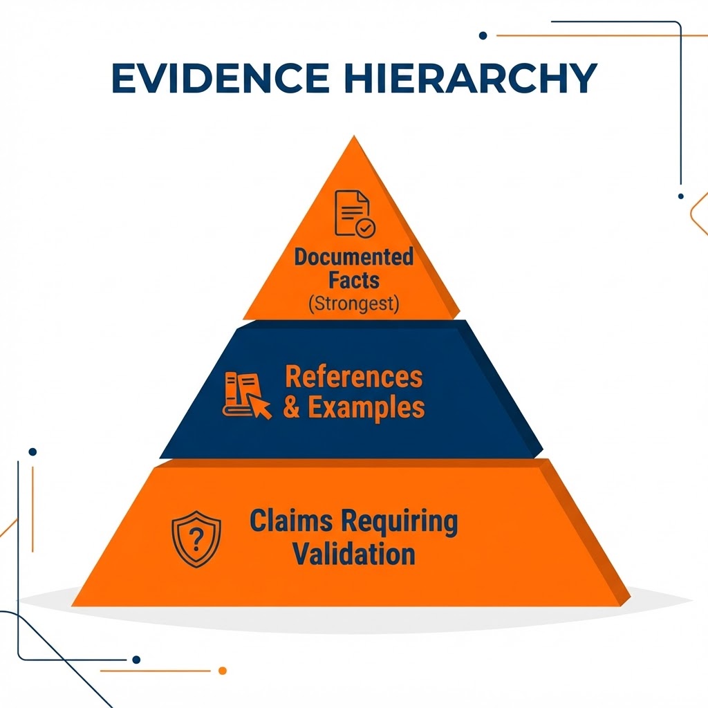 Evidence hierarchy graphic showing a three-tier pyramid that distinguishes documented facts at the top, references and examples in the middle, and claims requiring validation at the base