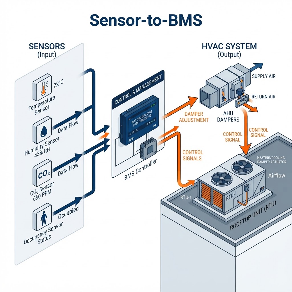 Sensor-to-BMS workflow diagram showing temperature, humidity, CO2, and occupancy sensors feeding a building management controller that adjusts HVAC dampers and rooftop units