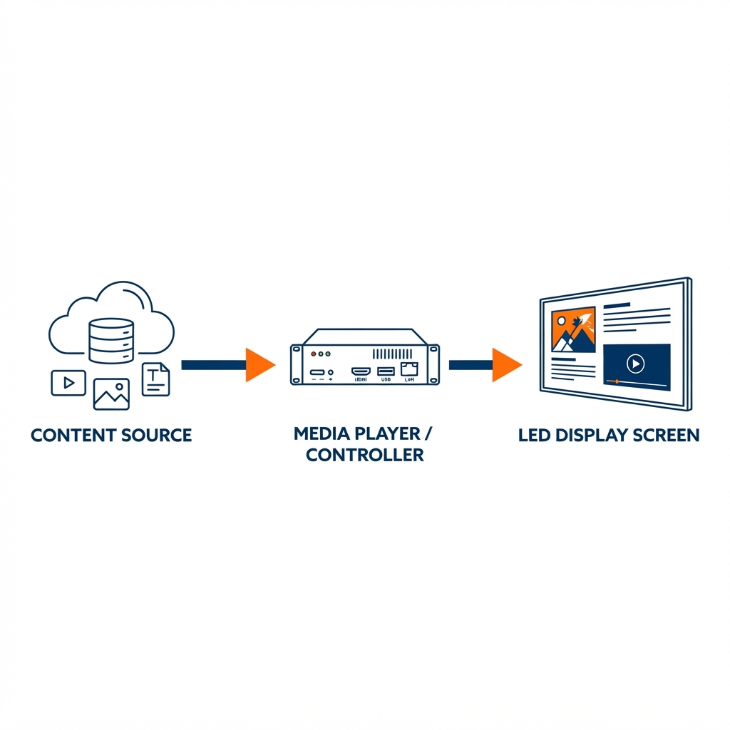 Digital signage signal-path graphic showing a left-to-right flow from content source to media player and controller to display, with simple line icons for content library, controller, and LED screen connected by directional lines