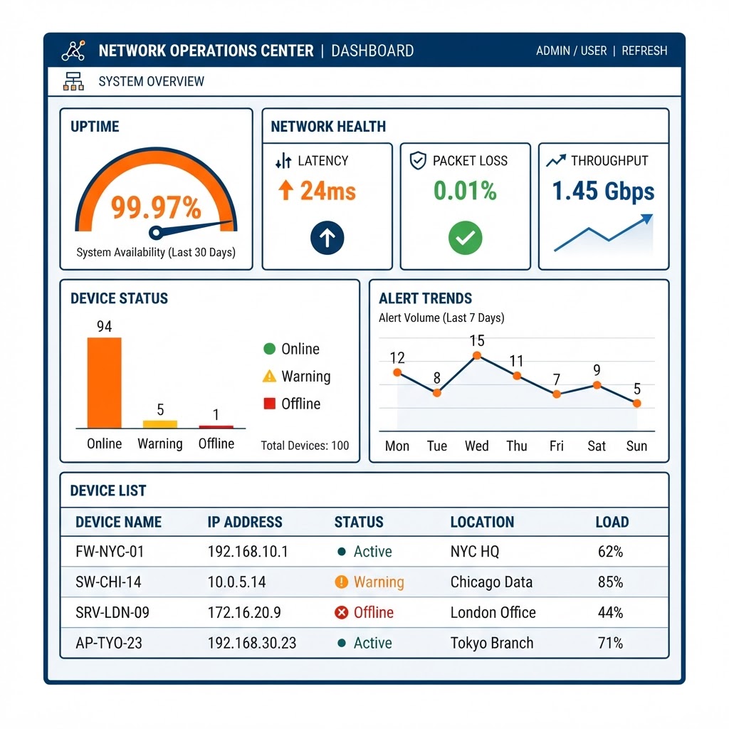 Single-pane UniFi operations dashboard concept showing network health tiles, device status indicators, an uptime gauge, a traffic chart, and a device list