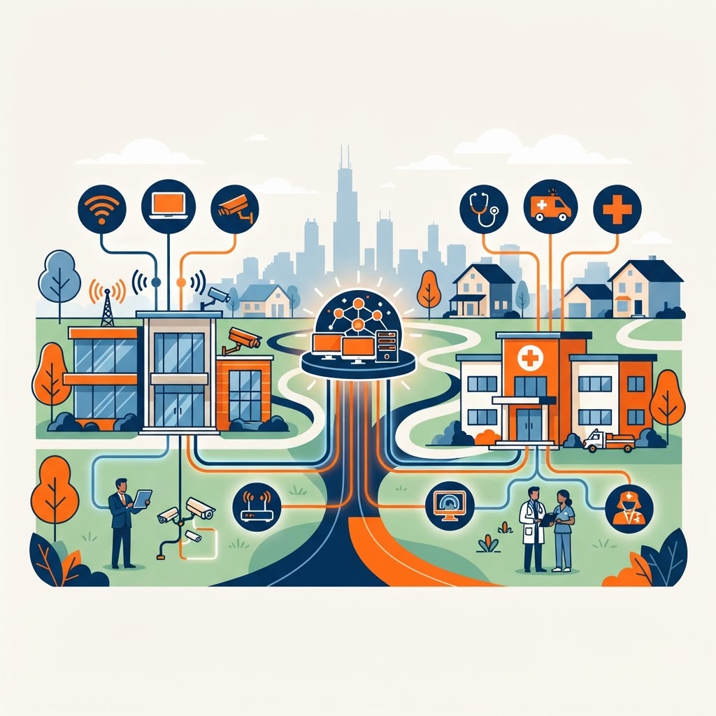 Naperville office and healthcare technology scene showing a stylized suburban setting with a modern low-rise office building and a medical building connected by glowing network lines to a managed-services hub with Wi-Fi, camera, and clinical communication icons