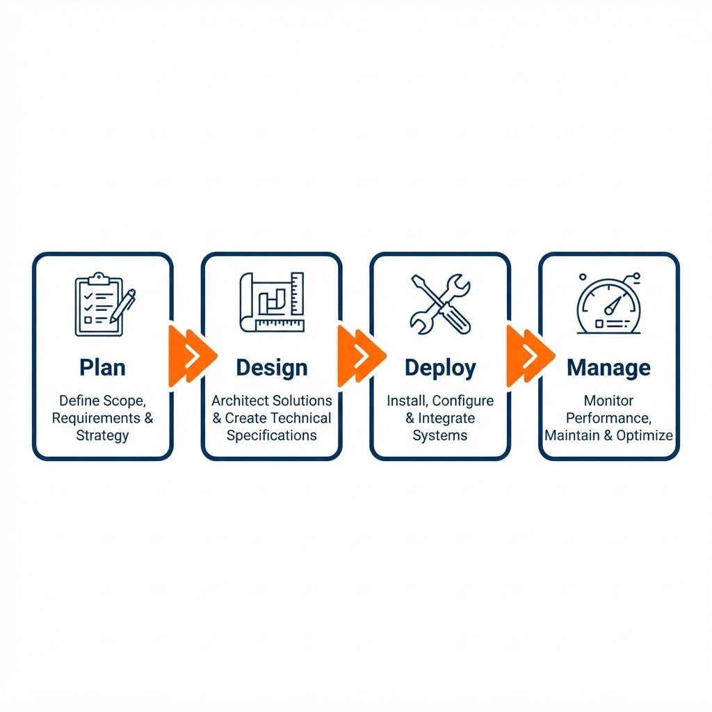 Nexus service delivery lifecycle graphic showing four connected stages left to right: Plan, Design, Deploy, and Manage
