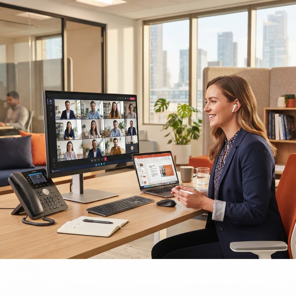 Modern unified communications scene showing a professional on a video conference call with a desk VoIP phone, laptop, and remote colleagues on screen