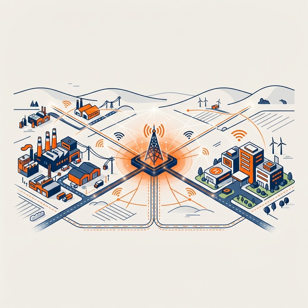 Central Illinois industrial and healthcare connectivity scene showing a stylized regional landscape with a manufacturing facility and a hospital building linked by glowing fiber and wireless network lines to a central connectivity hub