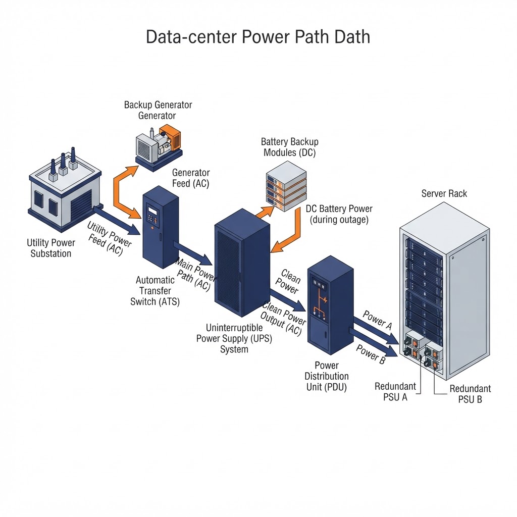 Labeled data center power-path diagram showing utility feed to UPS to PDU to server rack with battery backup and redundant power supplies