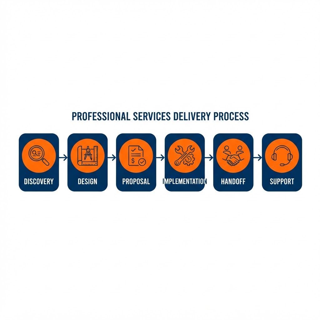Professional-services delivery process shown as a horizontal step flow — discovery, design, proposal, implementation, handoff, support — each a node with a simple line icon joined by directional arrows