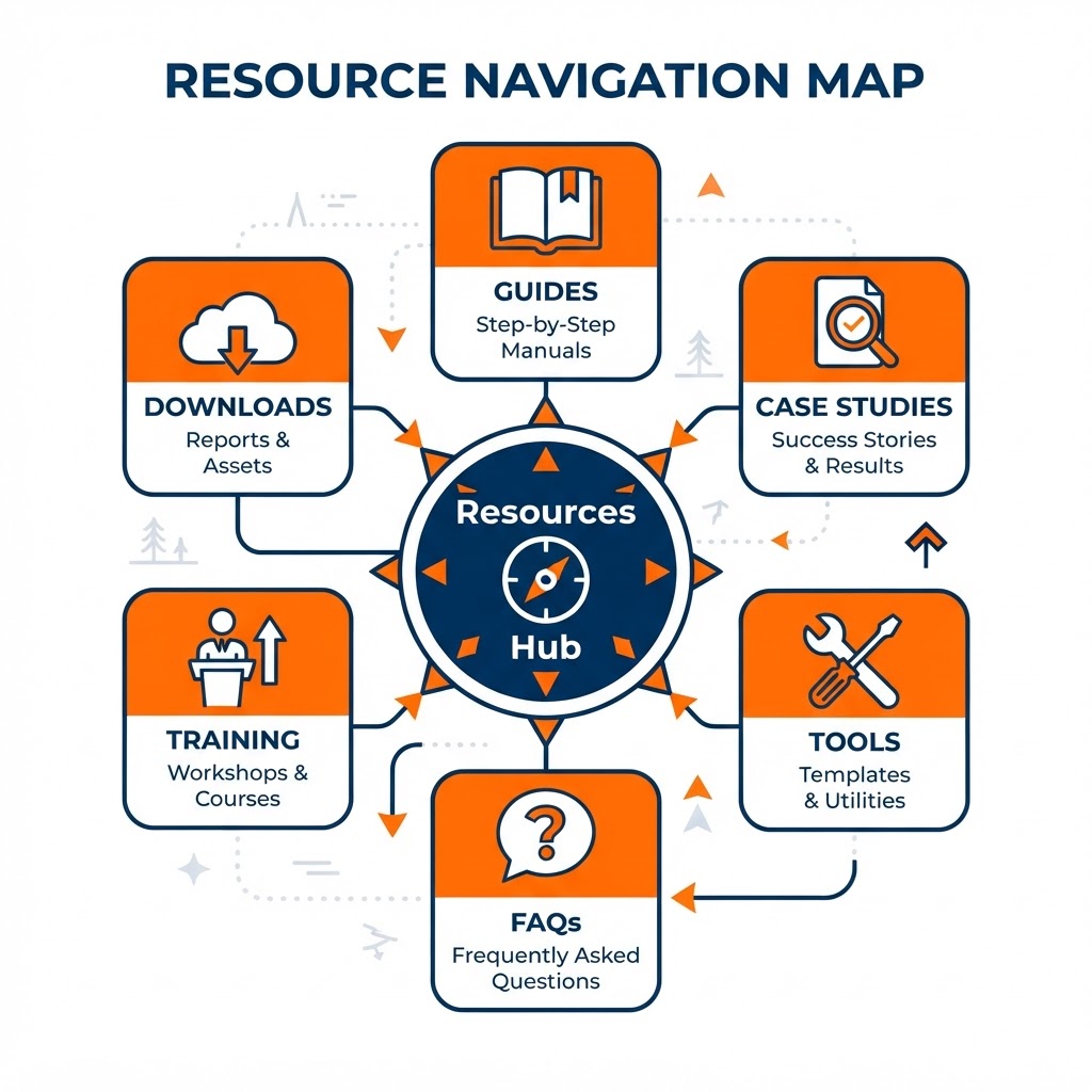 Visual resource navigation map with a central resources hub branching to labeled category tiles — guides, case studies, tools, FAQs, training, and downloads — each with a simple icon to help visitors find the right material