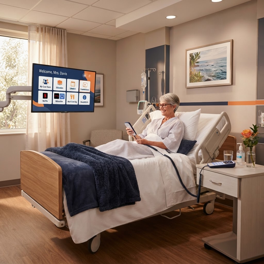Hospital patient room with a wall-mounted interactive patient TV and entertainment screen, hospital bed, and pillow-speaker remote in a calm healing environment