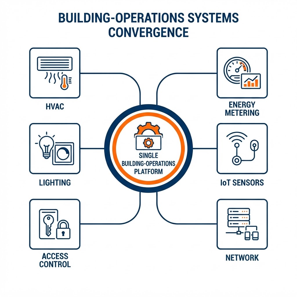 Building-operations systems convergence diagram showing HVAC, lighting, access control, energy metering, IoT sensors, and network all converging into a single central building-operations platform
