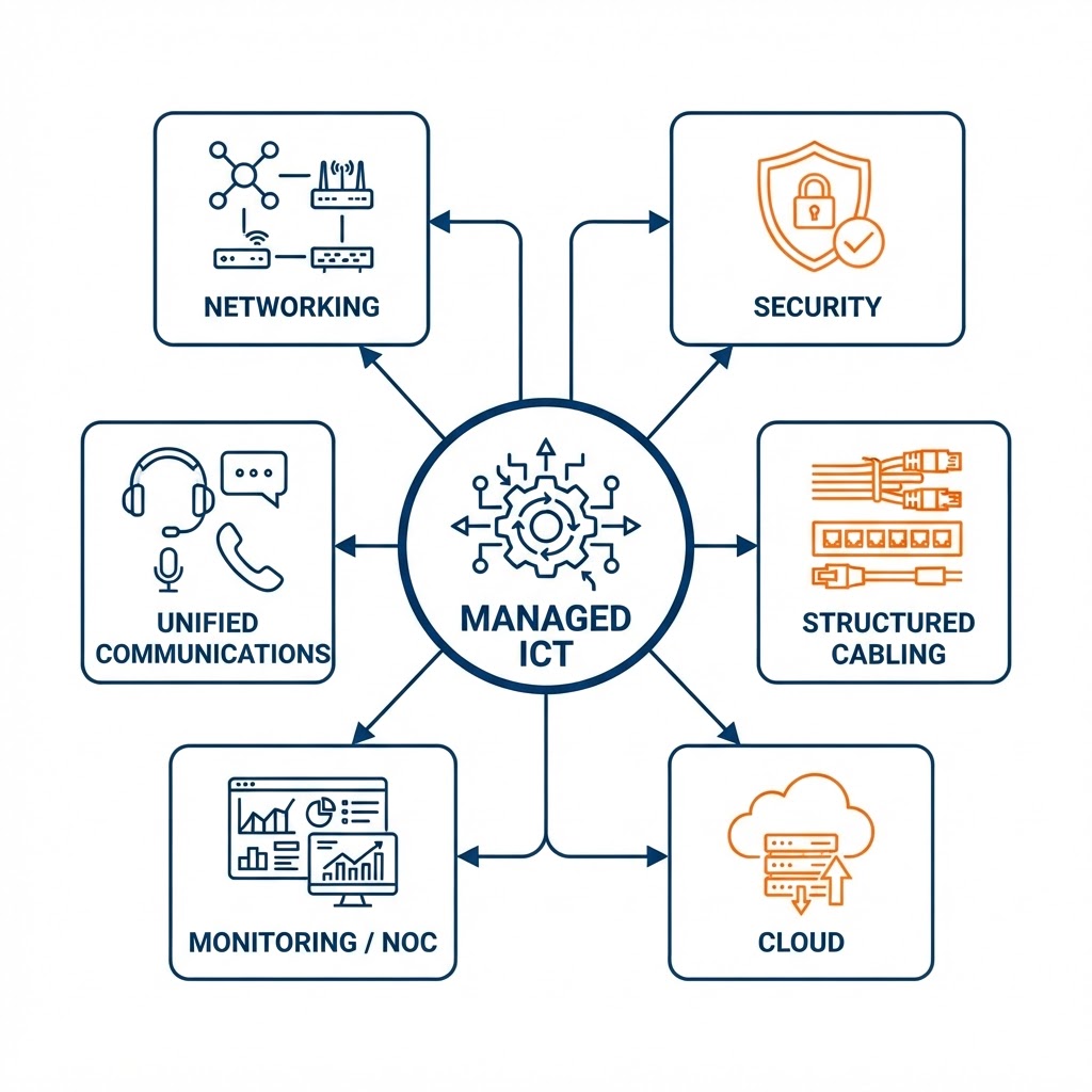 Unified ICT solution architecture map with a central managed-ICT hub connected outward to generic solution domains — networking, security, unified communications, structured cabling, monitoring and NOC, and cloud — each a neutral tile tied back to the single hub