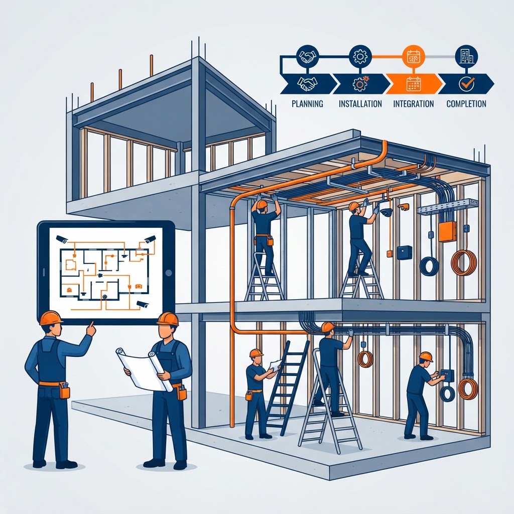 Construction technology coordination scene showing a building under construction with low-voltage technicians installing structured cabling pathways and rough-in for network and camera systems alongside a hard-hat crew and a project coordination timeline