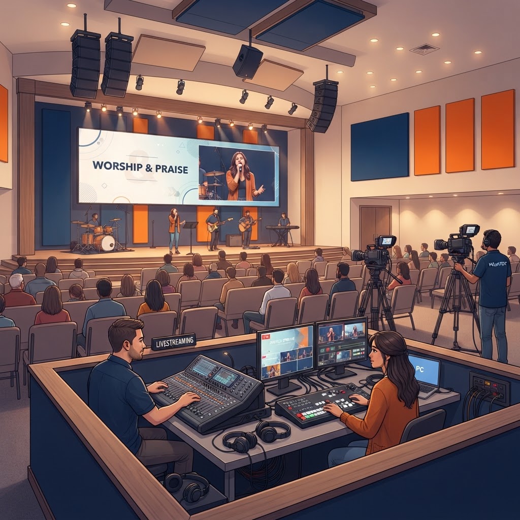 Worship facility AV and livestream scene showing a modern church sanctuary with an LED video wall, ceiling speakers, streaming cameras, and a tech booth livestreaming a service
