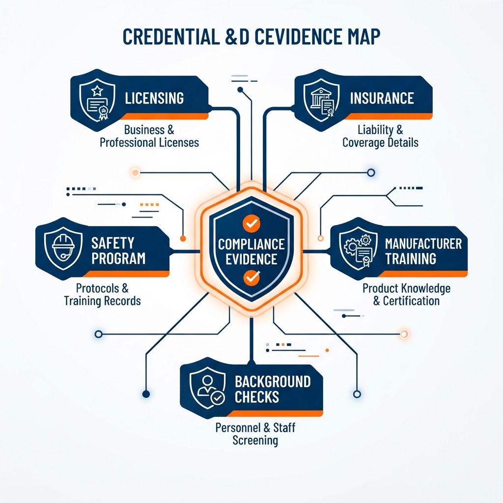 Credentials and compliance evidence map with a central compliance-evidence node linking to categories of documentation kept on file — licensing, insurance, safety program, manufacturer training, and background checks — shown as neutral placeholder tiles