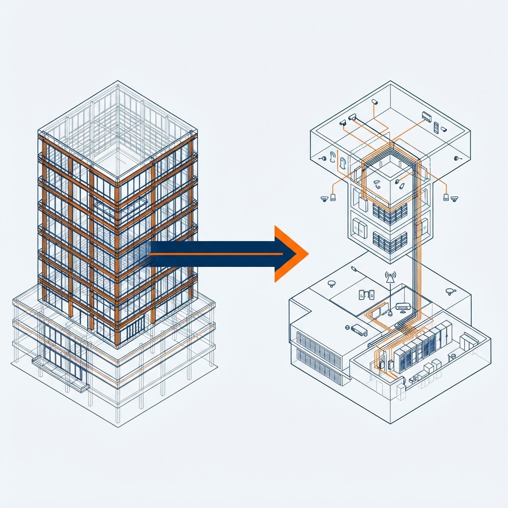 BIM-to-technology coordination illustration showing a 3D building information model wireframe on the left flowing into a coordinated technology infrastructure layout with network cabling pathways, camera positions, access points, and an equipment room on the right