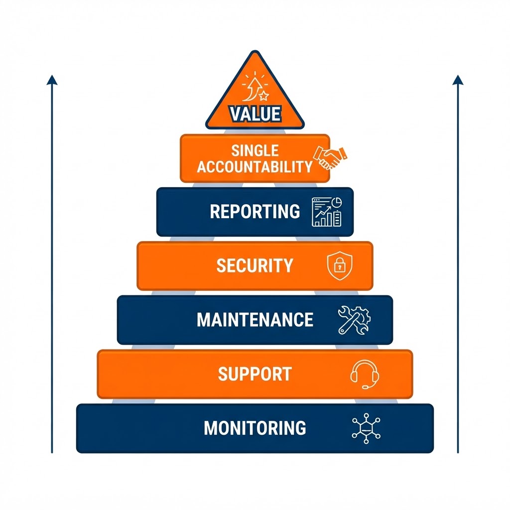 Managed-service value stack infographic showing layered bands building upward — monitoring, support, maintenance, security, reporting, and single accountability — combining into the overall value of a single-provider model