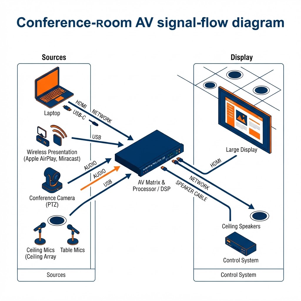 Conference-room AV signal-flow illustration showing laptop, wireless presentation, camera, and microphones routed through an AV processor to a display and ceiling speakers