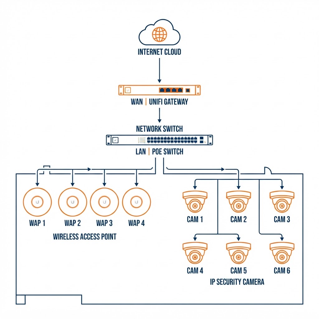 UniFi network topology diagram showing the internet connecting to a gateway, down to a network switch, branching to multiple wireless access points and IP security cameras across a building