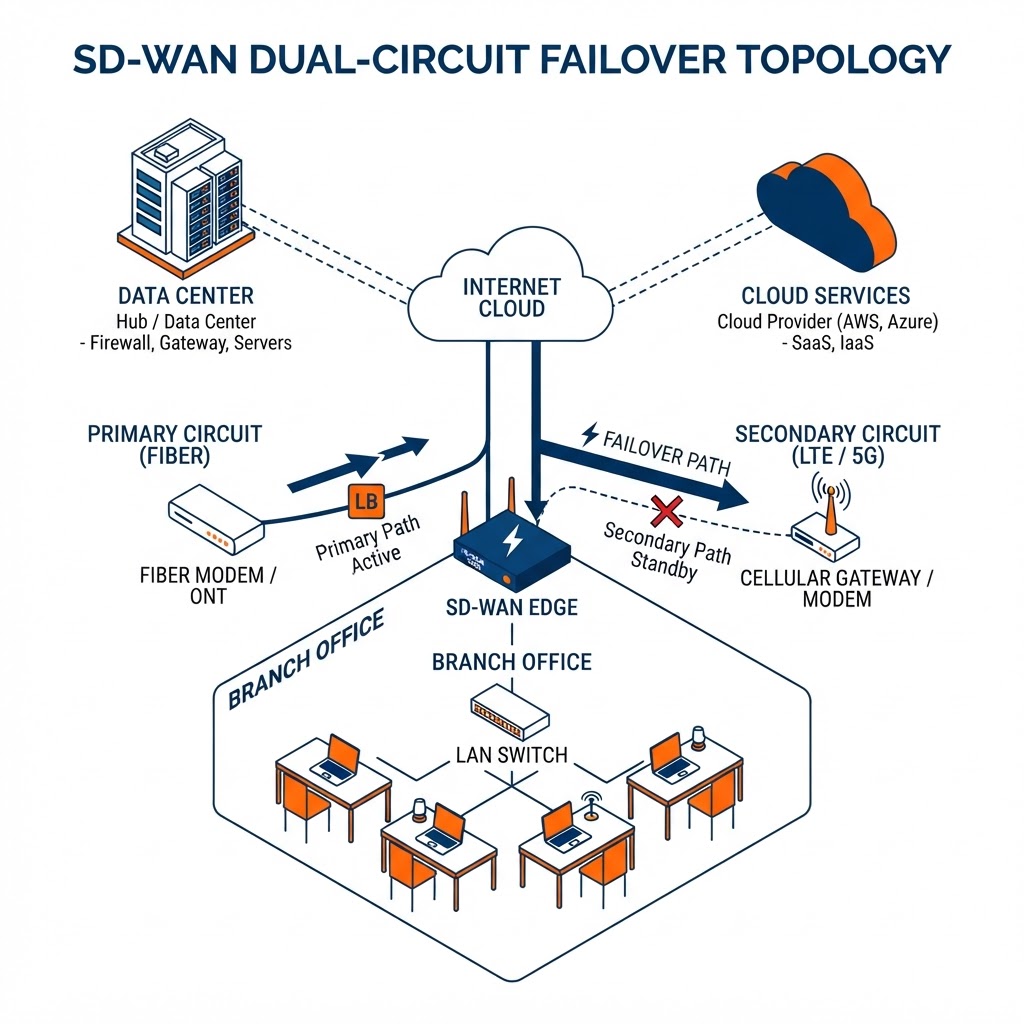 SD-WAN dual-circuit failover architecture diagram showing fiber and LTE/5G circuits feeding an SD-WAN edge appliance with automatic failover to a branch office and cloud