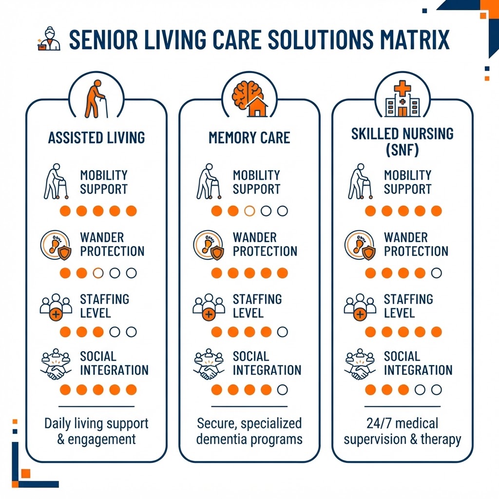 Senior-living solution-fit graphic with three generic care-setting columns — assisted living, memory care, and skilled nursing — each paired with neutral solution-fit indicators for mobility, wander protection, staffing, and integration, shown as line-icon tiles with neutral rating dots