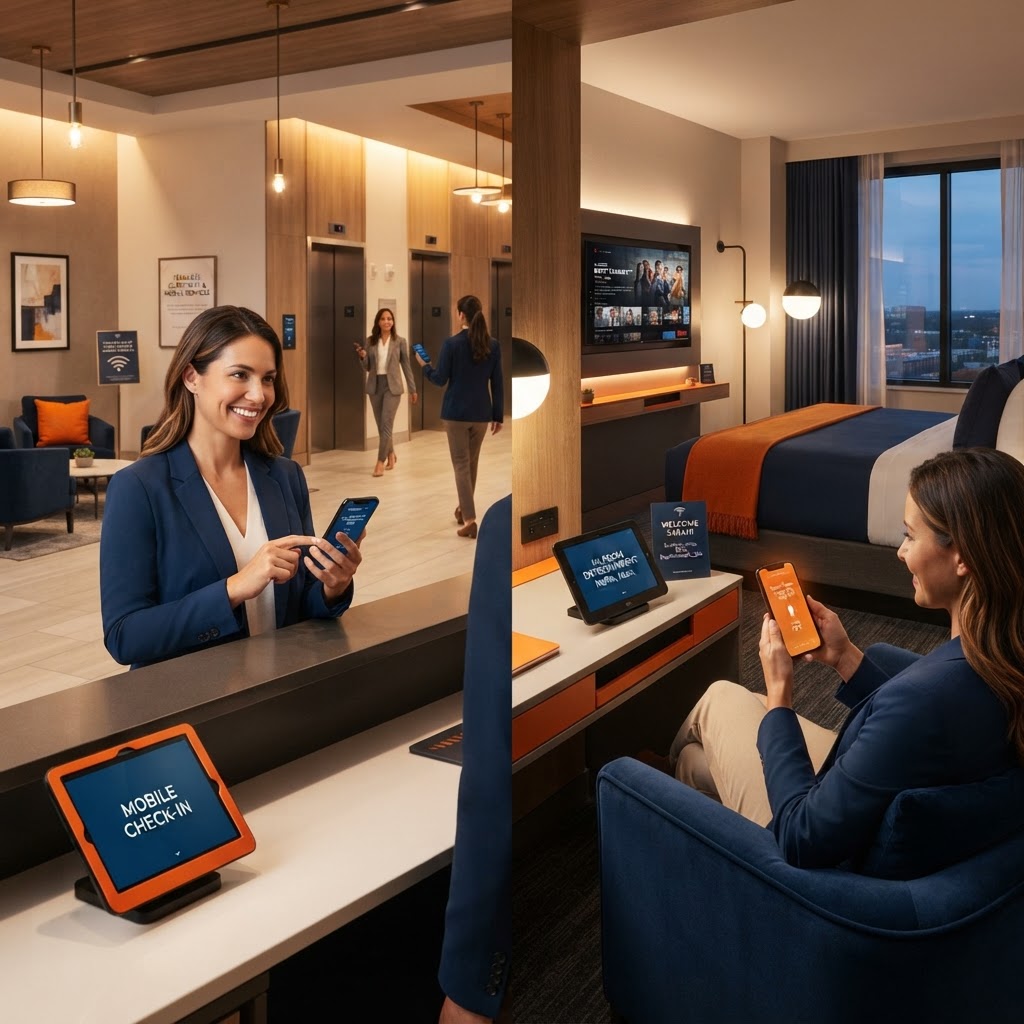 Hotel guest-technology journey showing a modern hotel lobby and guest room with seamless guest Wi-Fi, mobile check-in, smart room controls, and in-room entertainment