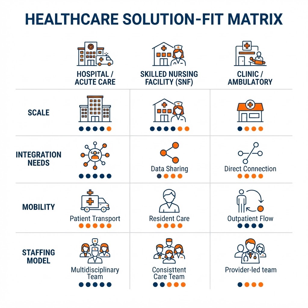 Healthcare solution-fit matrix with three generic facility-type columns — hospital or acute care, skilled nursing facility, and clinic or ambulatory — each paired with neutral solution-fit indicators for scale, integration needs, mobility, and staffing model, shown as line-icon tiles with neutral rating dots