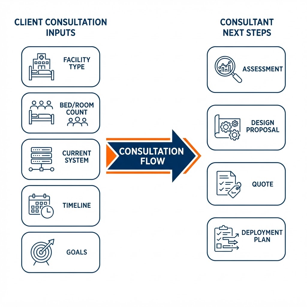 Consultation inputs and next-steps illustration showing input tiles a client brings to a consultation — facility type, bed or room count, current system, timeline, and goals — flowing through a central arrow to next steps of assessment, design proposal, quote, and deployment plan