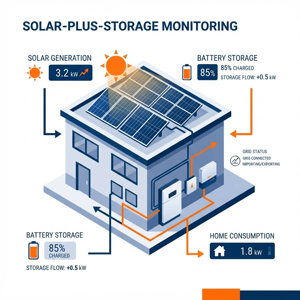 Solar-plus-storage monitoring graphic showing rooftop solar panels connected to a battery storage unit and building with a dashboard overlay of generation, storage, and consumption flows