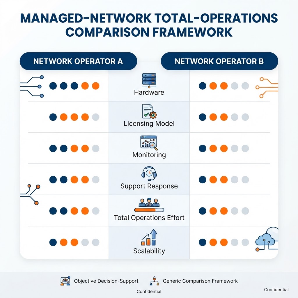 Managed-network total-operations comparison framework weighing generic operating dimensions — hardware, licensing model, monitoring, support response, total operations effort, and scalability — using neutral rating indicators and no dollar figures or prices