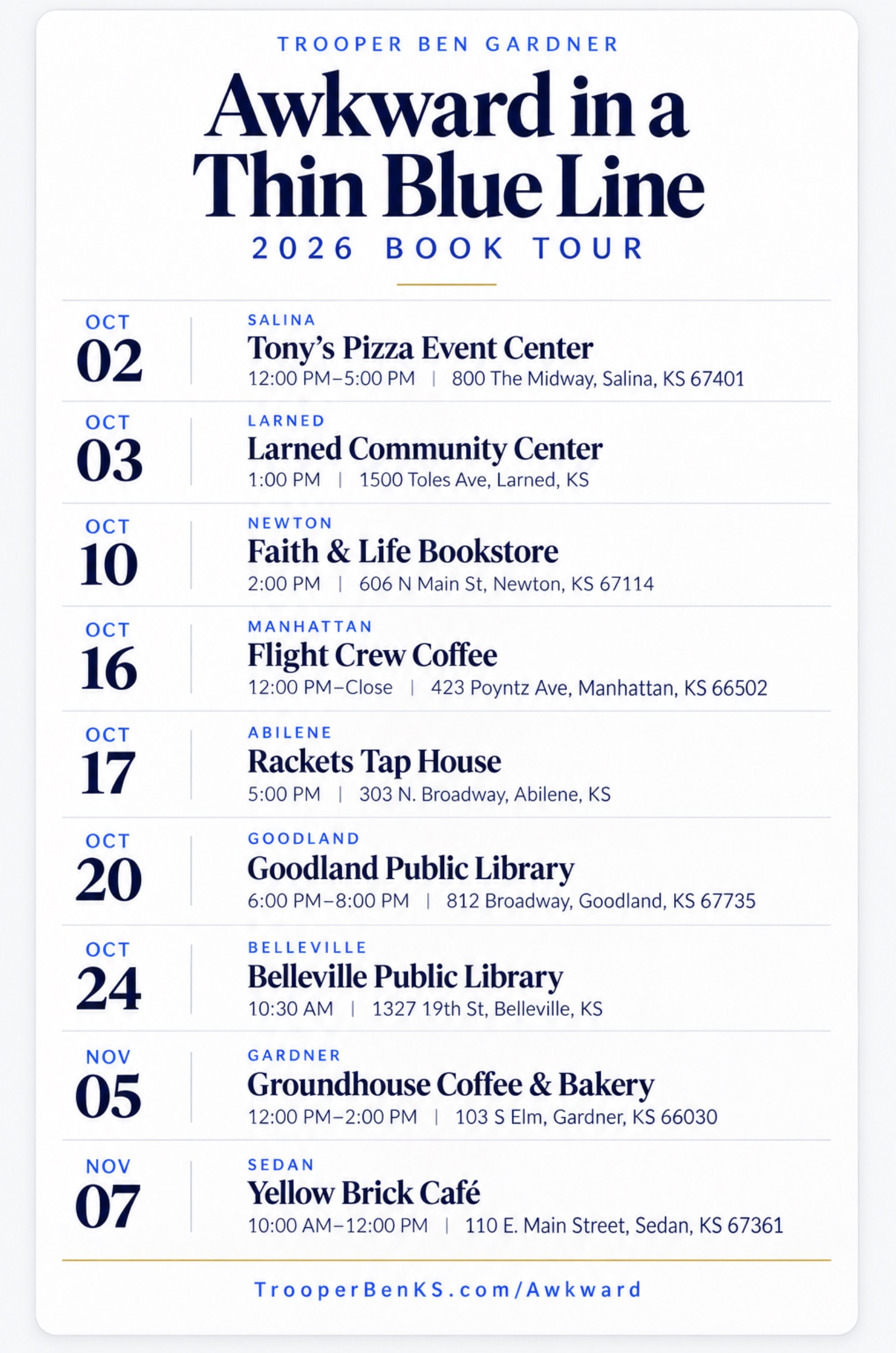 Awkward in a Thin Blue Line — Confirmed book tour schedule across Kansas, October–November 2026