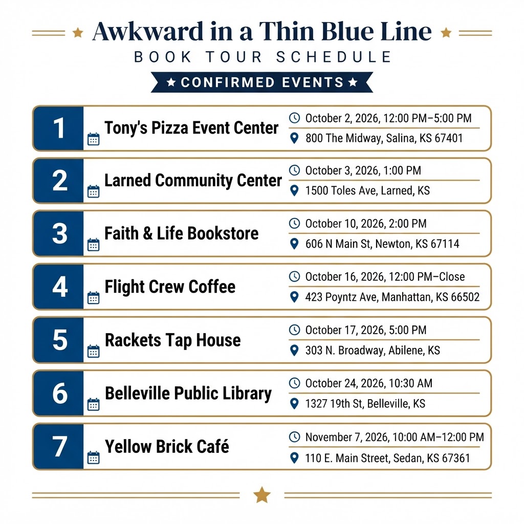 Awkward in a Thin Blue Line — Confirmed book tour schedule across Kansas, October–November 2026