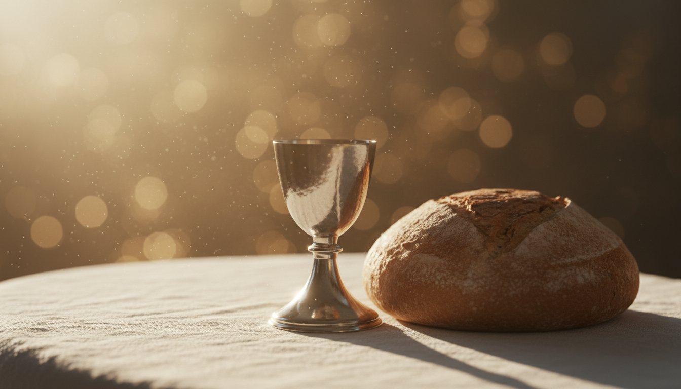 Communion cup and bread in golden sunlight