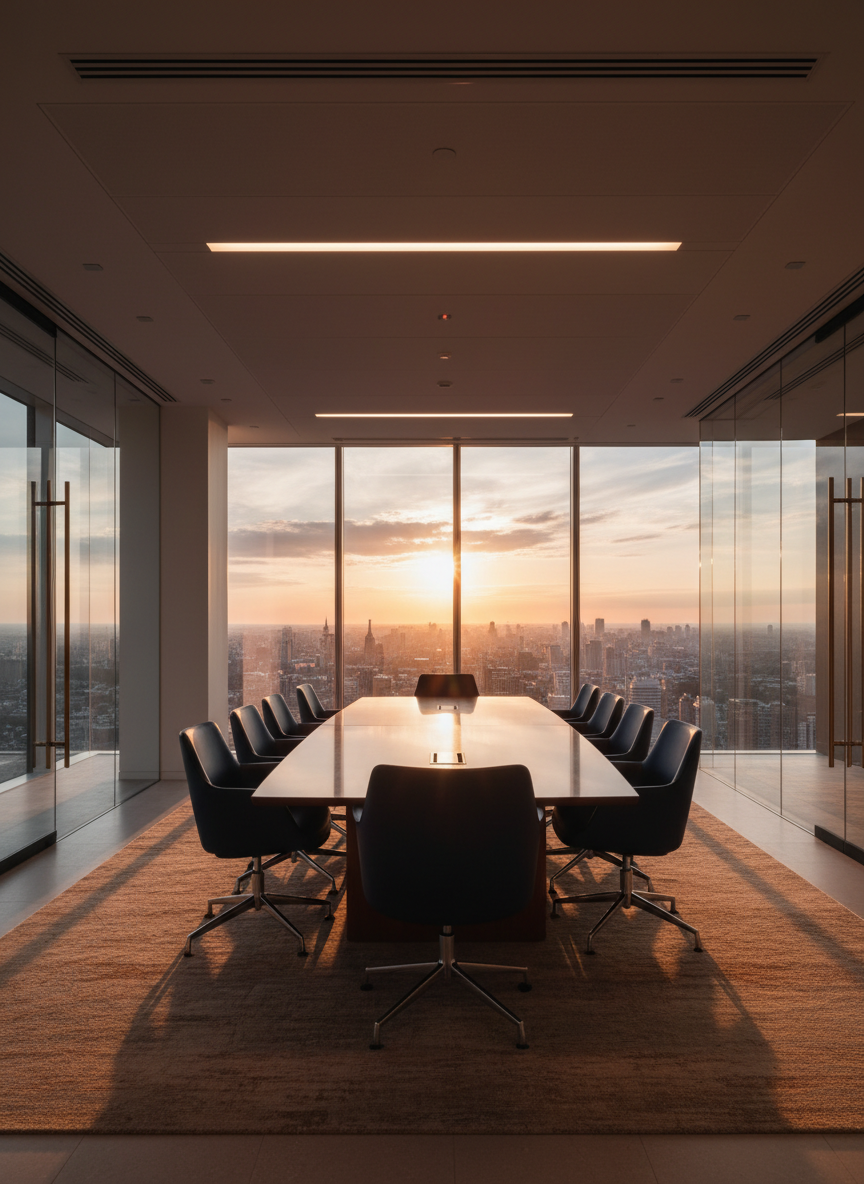 Modern corporate boardroom with city skyline views