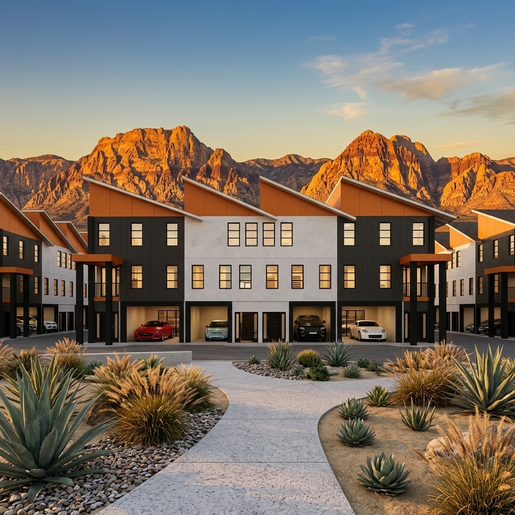 Auris Communities townhome rendering with Red Rock Canyon backdrop