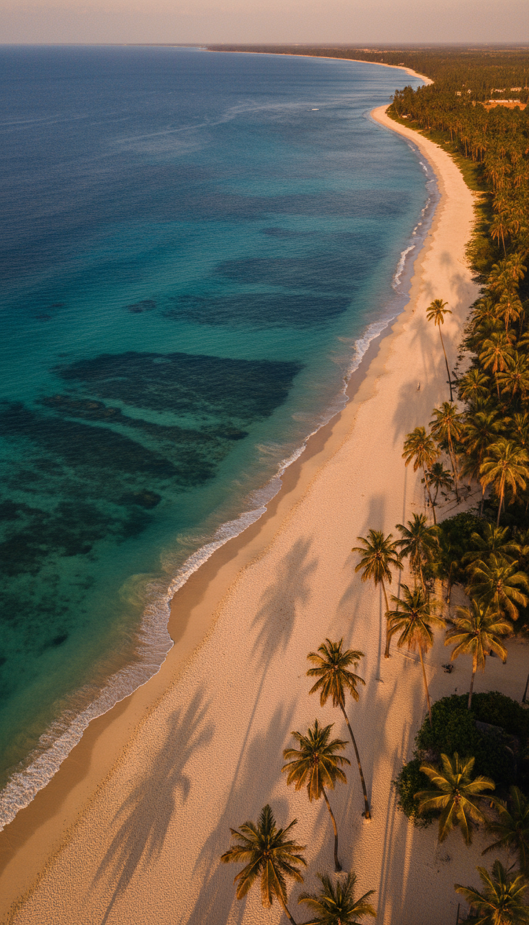 Aerial view of the Kenyan coastline showing turquoise waters graduating to deep sapphire with white sand and palm shadows