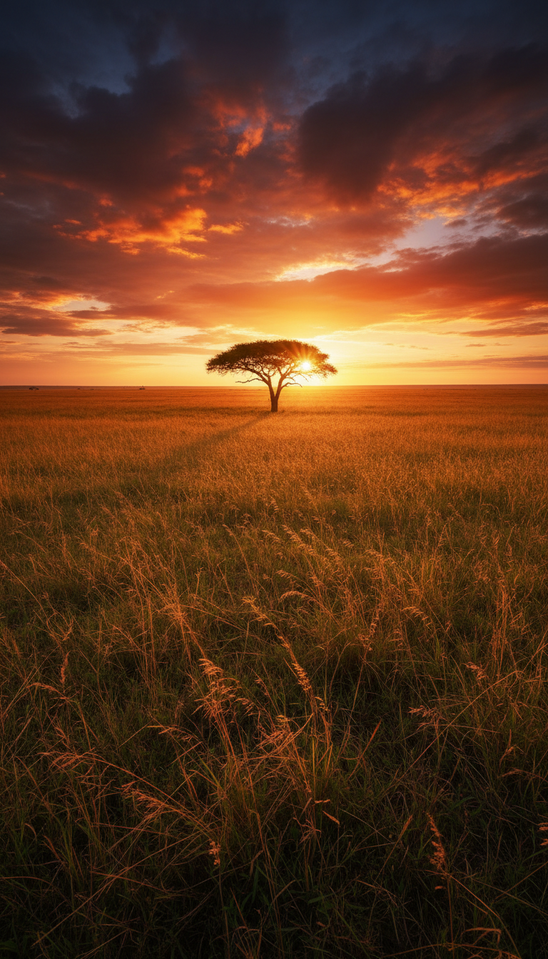 Golden savanna grasslands stretching to the horizon under an amber sunset sky with a silhouetted acacia tree