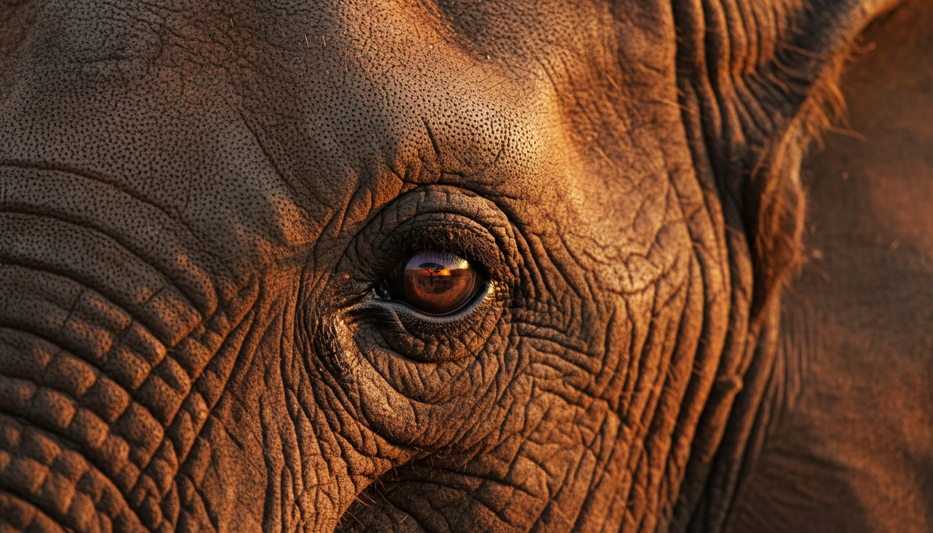 Intimate close-up of an elephant's textured skin and wise eye in golden amber light