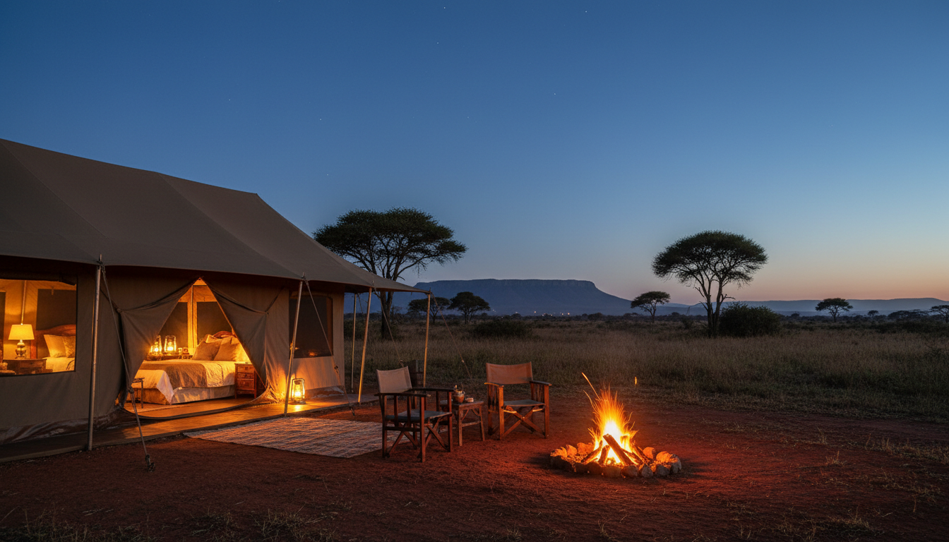 Luxury safari camp at dusk with warm lantern light glowing from inside canvas tents under a starlit indigo sky