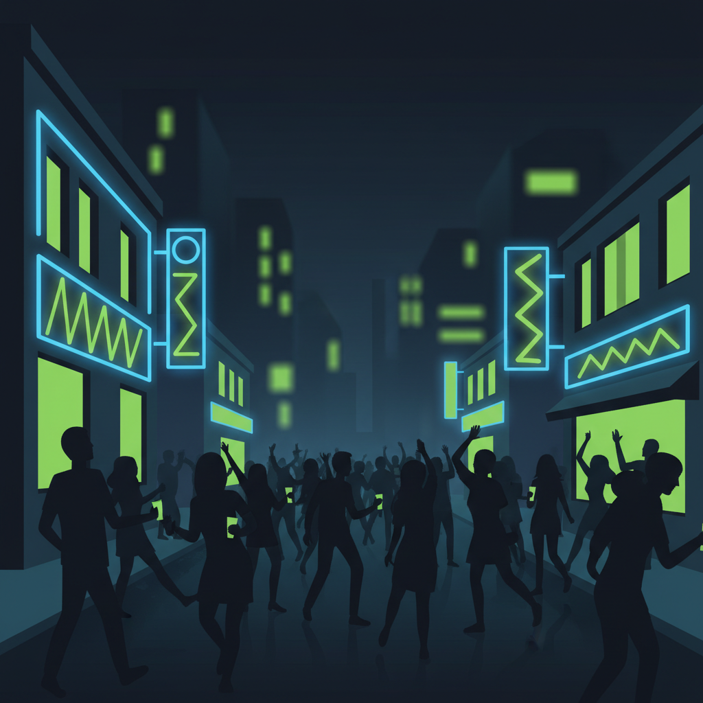 Bar crawl crowd on city street at night