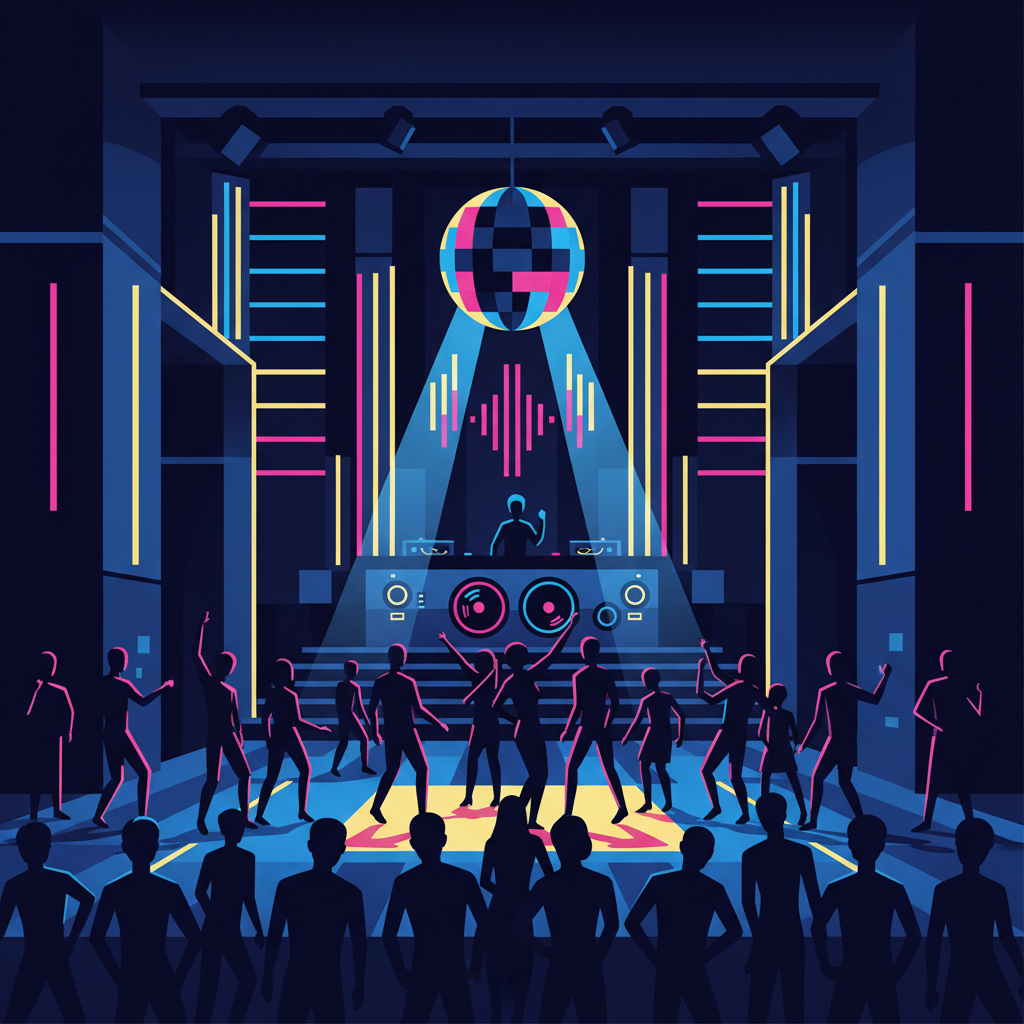 Nightclub interior with neon dance floor